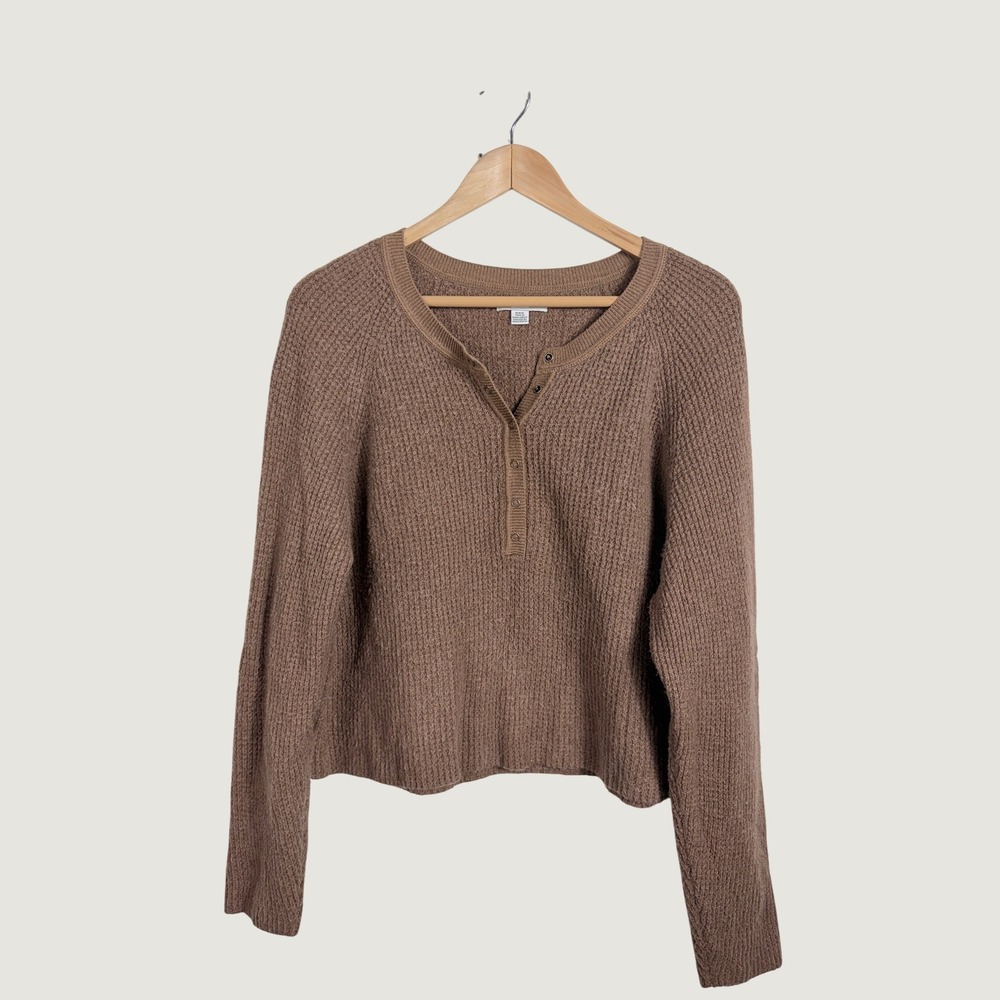 American Eagle Sweater M Brown Henley Waffle Knit Long Sleeve Pullover Casual